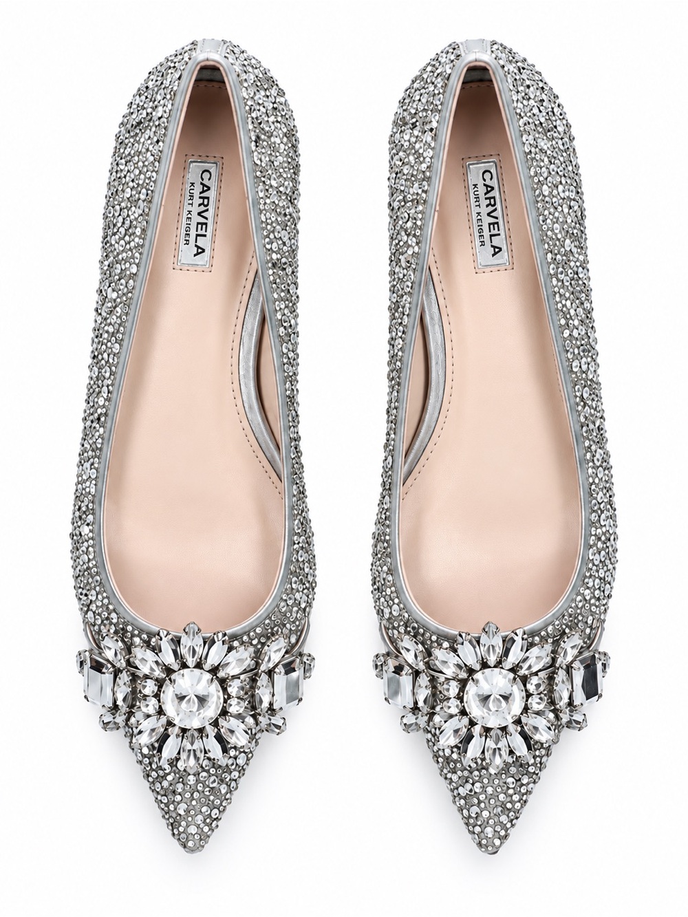 Kurt Geiger Silver Crystal Embellished Pointed Ballet Flats. Size 7.5